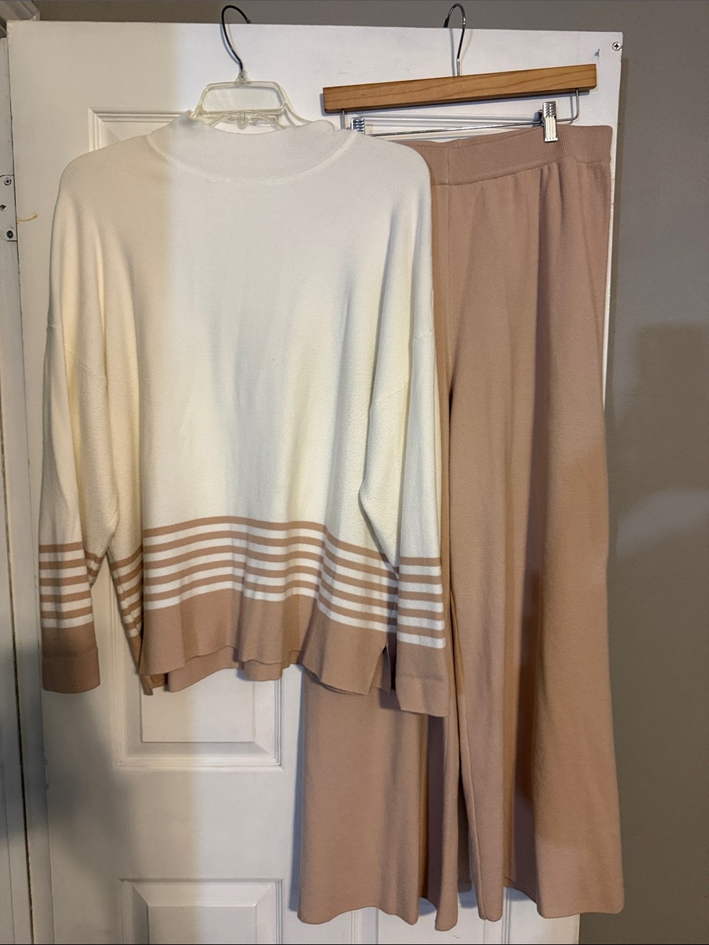 SHEIN Cream Sweater with Beige Striped Hem and Beige Knit Pants Set